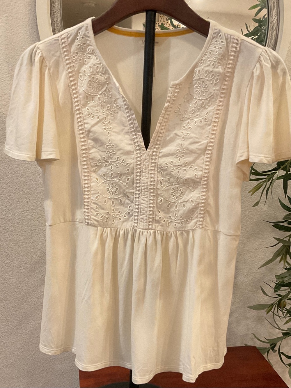 Stay Awhile Cream Flutter Sleeve Eyelet Embroidered Peplum V-Neck Top